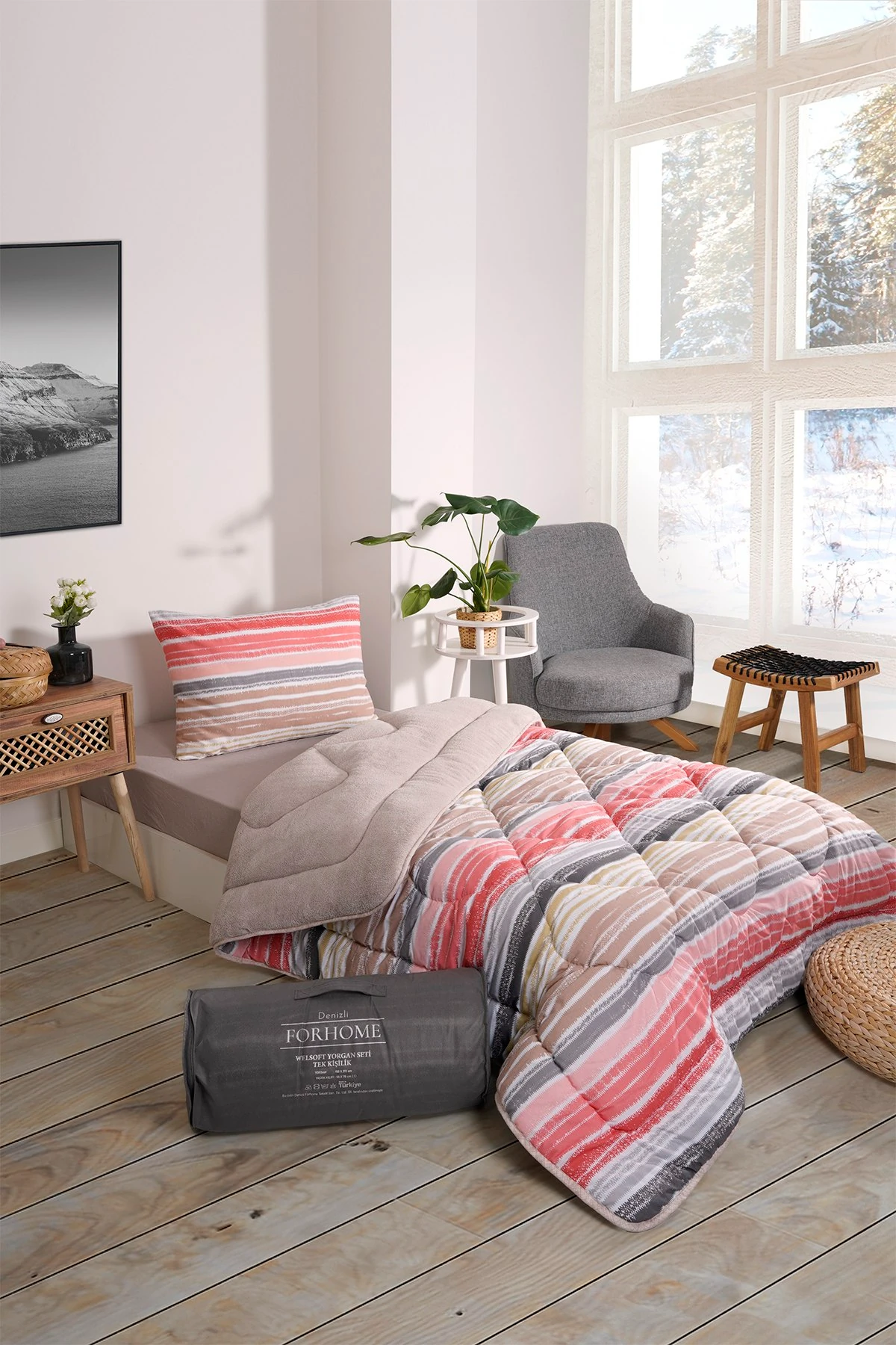 Tek Kişilik Yorgan Çift Taraflı Lüx Welsoft  Elit Yorgan Pofuduk Yumuşak Yorgan ve Yastık Kılıfı - TASEL BEJ