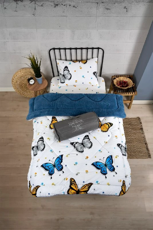 Tek Kişilik Yorgan Çift Taraflı Lüx Welsoft  Elit Yorgan Pofuduk Yumuşak Yorgan ve Yastık Kılıfı - KELEBEK İNDİGO
