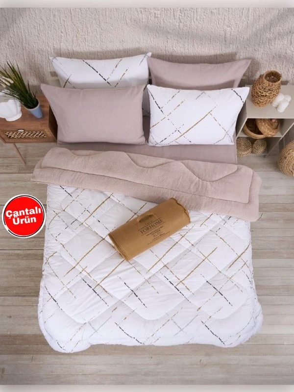 Çift Kişilik Uyku Seti Welsoft Uyku Seti  Çift Taraflı  Lüx Welsoft Yorgan ve  Battal Lastikli Çarşaflı - YANSIMA BEJ