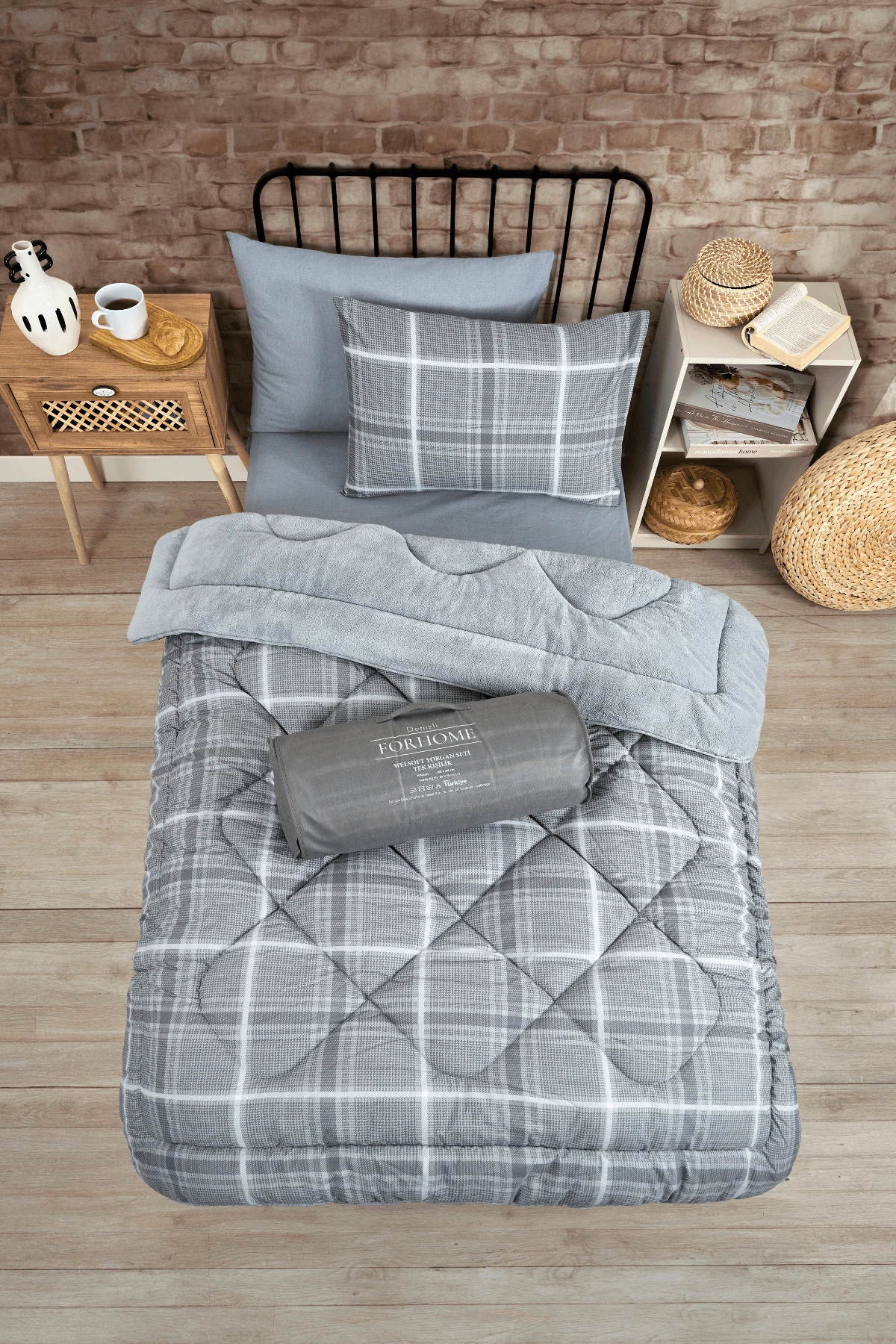 Tek Kişilik Uyku Seti Çift Taraflı Wellsoft Pofuduk Polar Yorgan Yastık Kılıfı ve 100x200 Lastikli Çarşaf - SAFİR GRİ