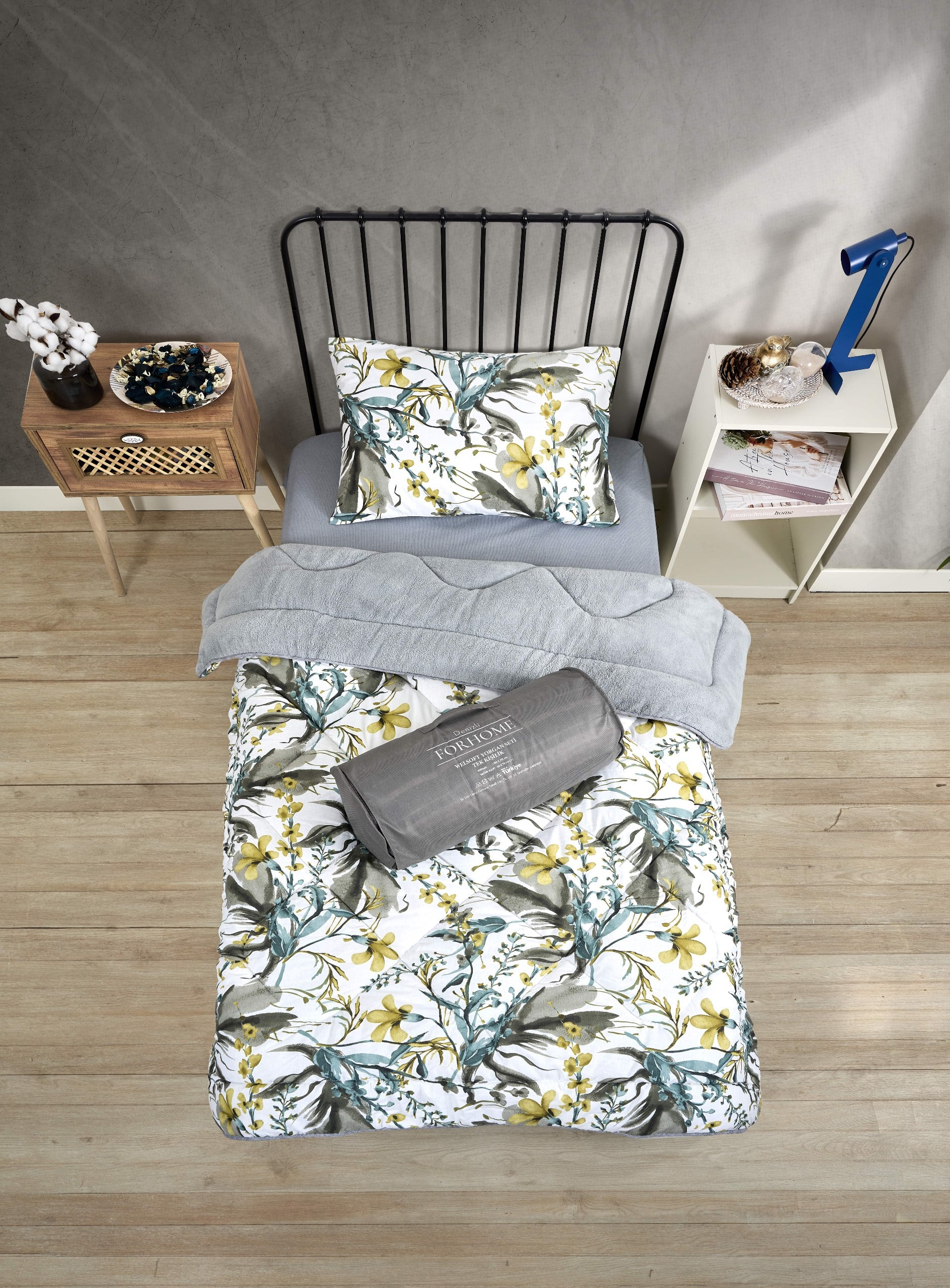 Tek Kişilik Yorgan Çift Taraflı Lüx Welsoft  Elit Yorgan Pofuduk Yumuşak Yorgan ve Yastık Kılıfı - ASYA GRİ