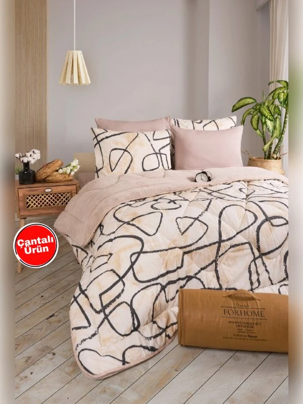 Çift Kişilik Uyku Seti Welsoft Uyku Seti  Çift Taraflı  Lüx Welsoft Yorgan ve  Battal Lastikli Çarşaflı - EFEKT BEJ