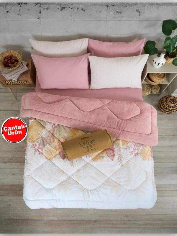 Çift Kişilik Uyku Seti Welsoft Uyku Seti  Çift Taraflı  Lüx Welsoft Yorgan ve  Battal Lastikli Çarşaflı - ALENA PUDRA
