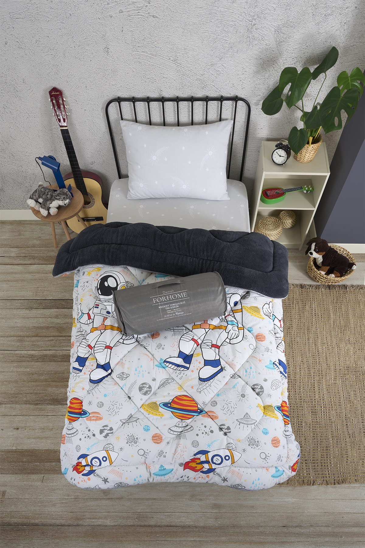 Tek Kişilik Yorgan Çift Taraflı Lüx Welsoft  Elit Yorgan Pofuduk Yumuşak Yorgan ve Yastık Kılıfı - ASTRONOT FÜME