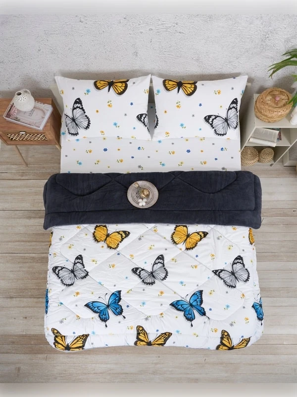 Battal Boy Çift Taraflı Lüx Welsoft Yorgan Elit Pofuduk Yumuşak Polar Yorgan ve Yastık Kılıfı - KELEBEK FÜME