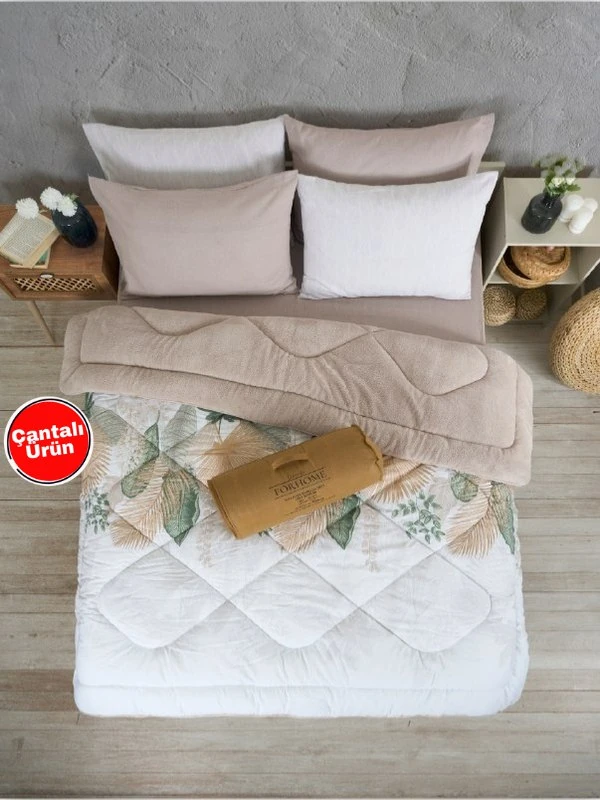 Çift Kişilik Uyku Seti Welsoft Uyku Seti  Çift Taraflı  Lüx Welsoft Yorgan ve  Battal Lastikli Çarşaflı - ALENA BEJ