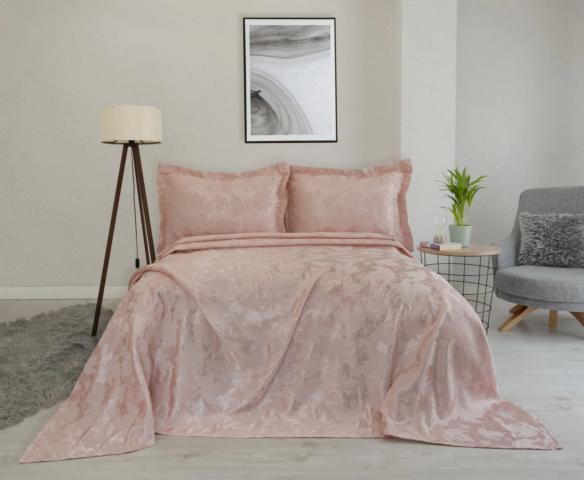 Jakarlı Şönil Kumaş Avangard Çeyizlik Yatak Örtüsü Takımı Çınar Yaprağı Desenli