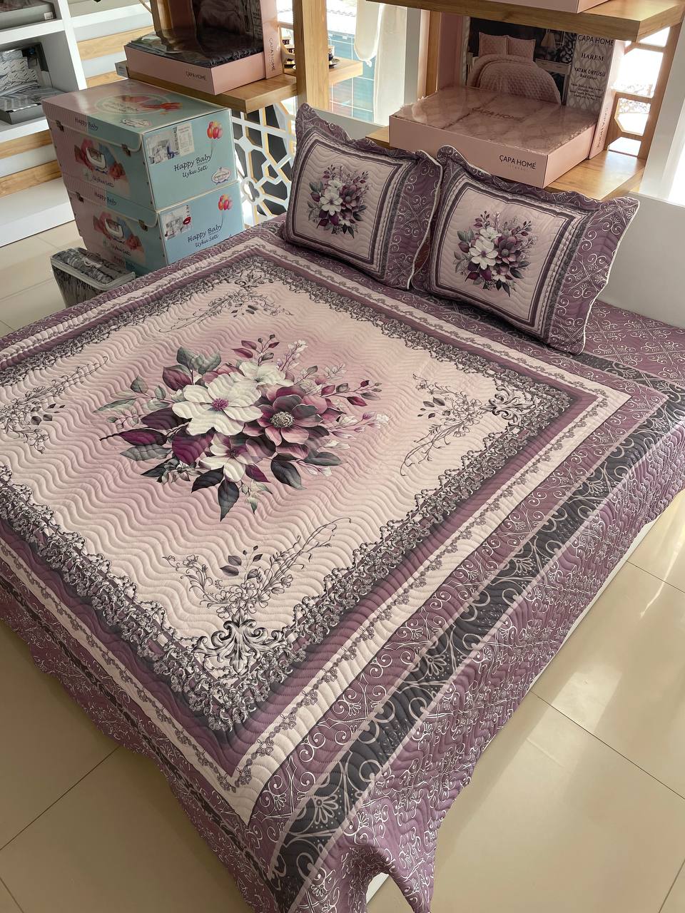 Çift Kişilik Battal Boy Yatak Örtüsü Takımı Beste Lila