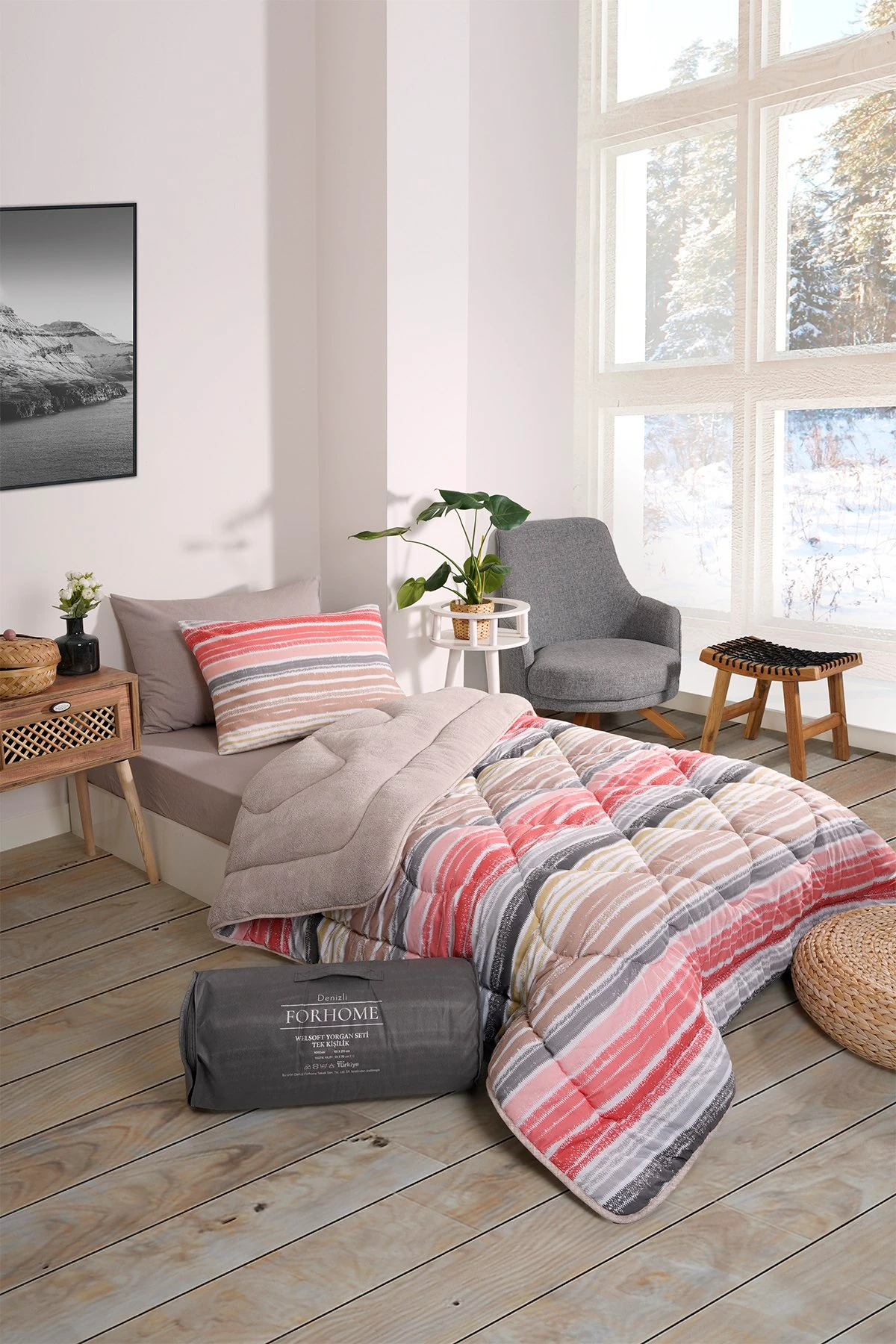 Tek Kişilik Uyku Seti Çift Taraflı Wellsoft Pofuduk Polar Yorgan Yastık Kılıfı ve 100x200 Lastikli Çarşaf - TASEL BEJ