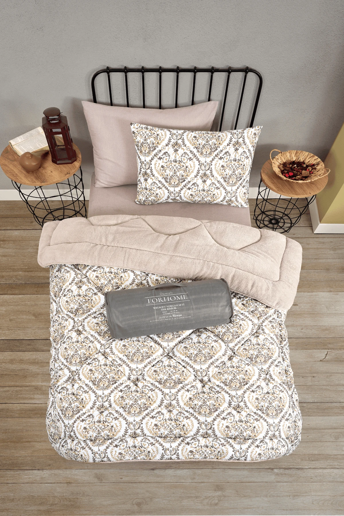 Tek Kişilik Uyku Seti Çift Taraflı Wellsoft Pofuduk Polar Yorgan Yastık Kılıfı ve 100x200 Lastikli Çarşaf - AKSU BEJ