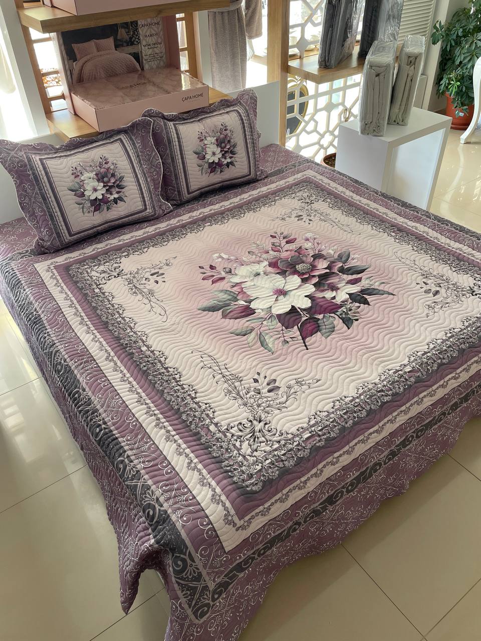 Çift Kişilik Battal Boy Yatak Örtüsü Takımı Beste Lila