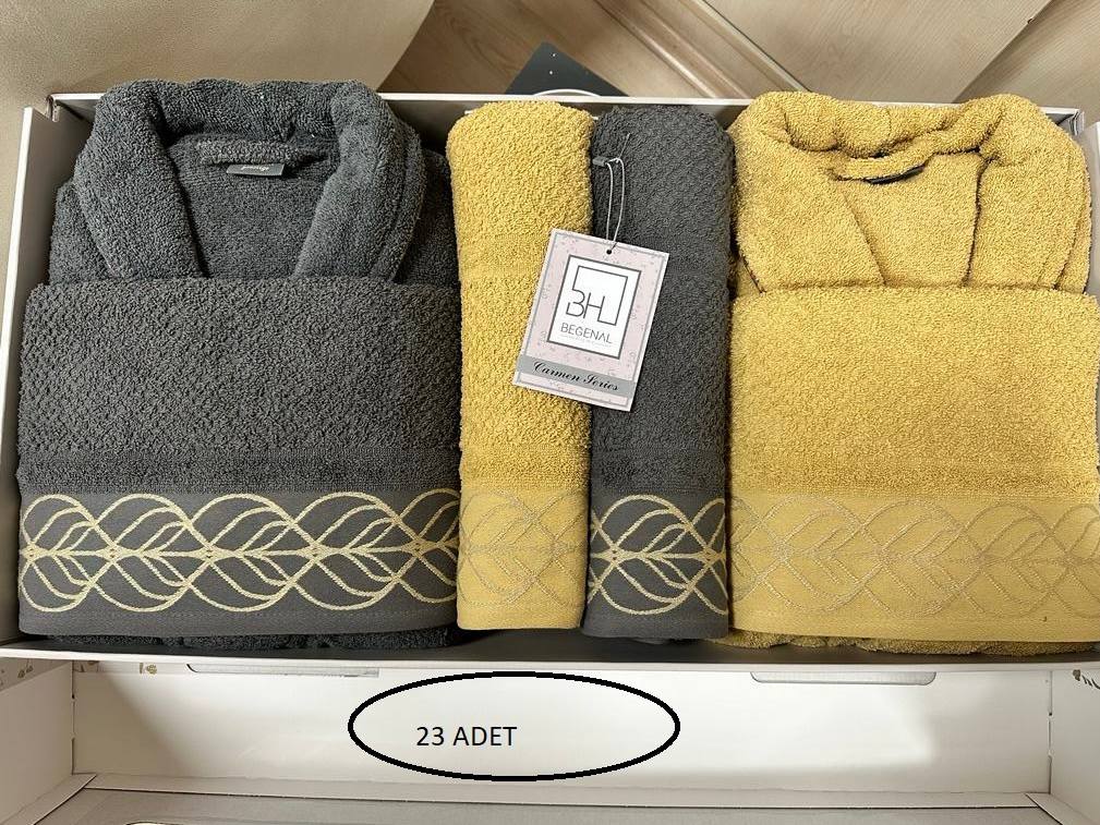 Pamuklu Jakarlı Carmen 6 Parca Aile Bornoz Setleri - ANTRASİT SARI