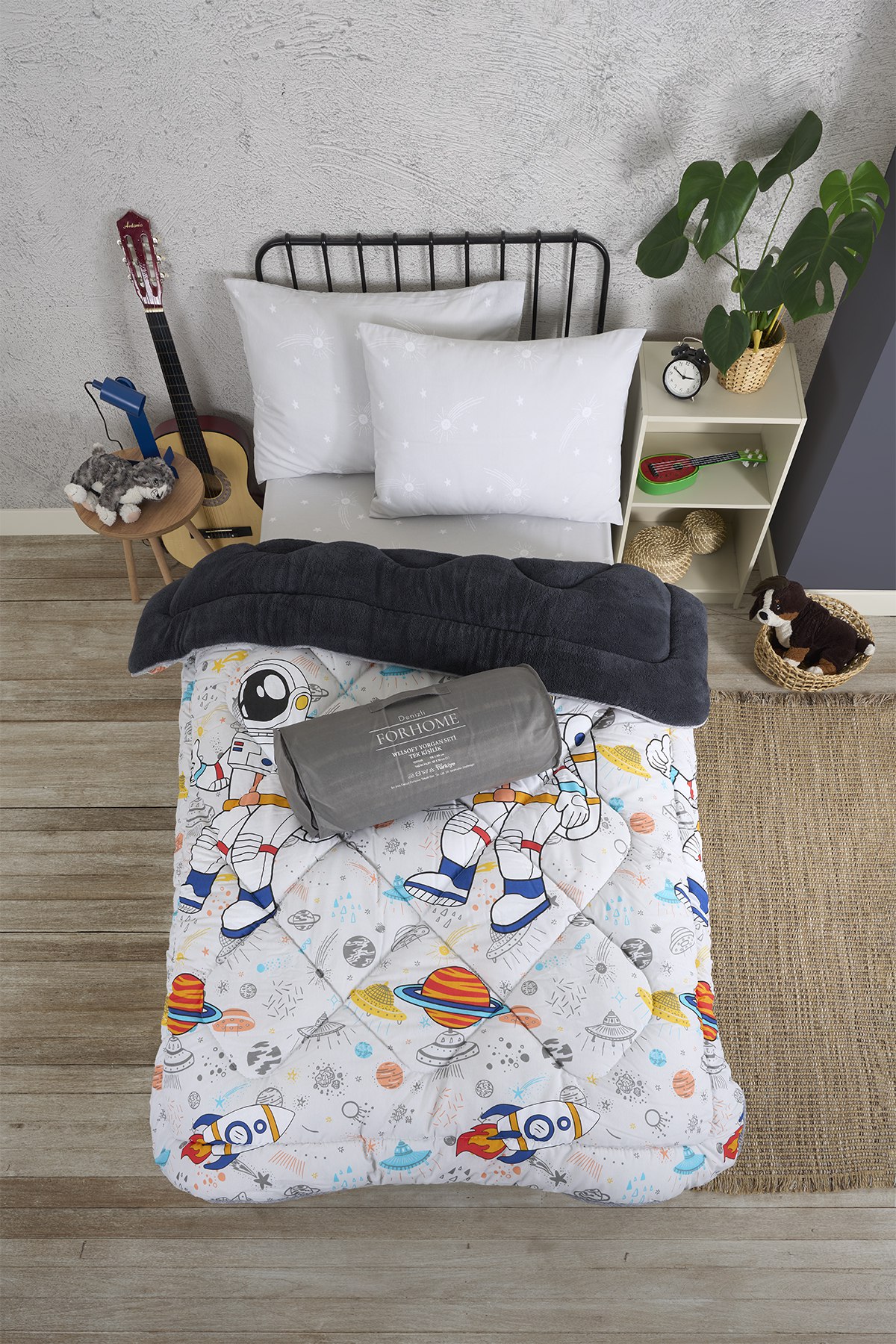 Tek Kişilik Uyku Seti Çift Taraflı Wellsoft Pofuduk Polar Yorgan Yastık Kılıfı ve 100x200 Lastikli Çarşaf - ASTRONOT FÜME