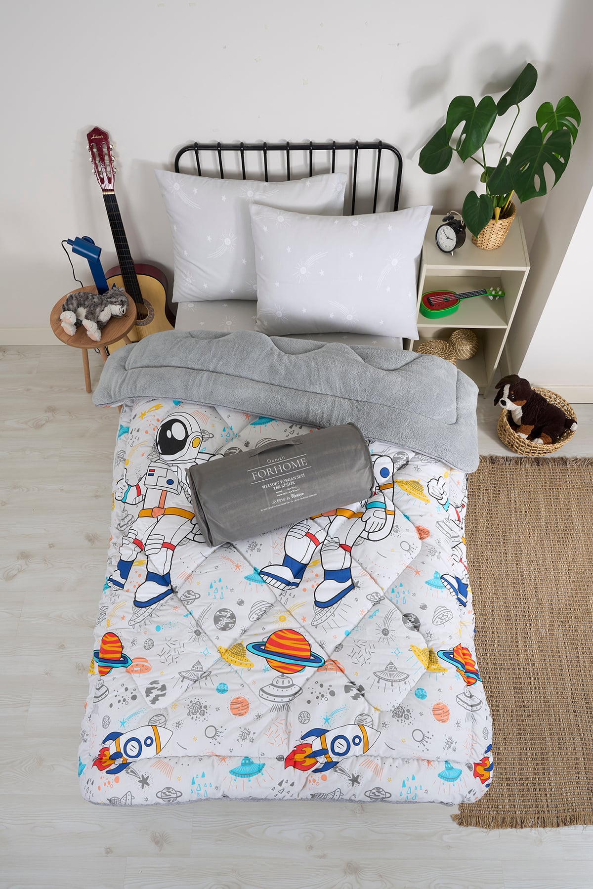 Tek Kişilik Uyku Seti Çift Taraflı Wellsoft Pofuduk Polar Yorgan Yastık Kılıfı ve 100x200 Lastikli Çarşaf - ASTRONOT GRİ