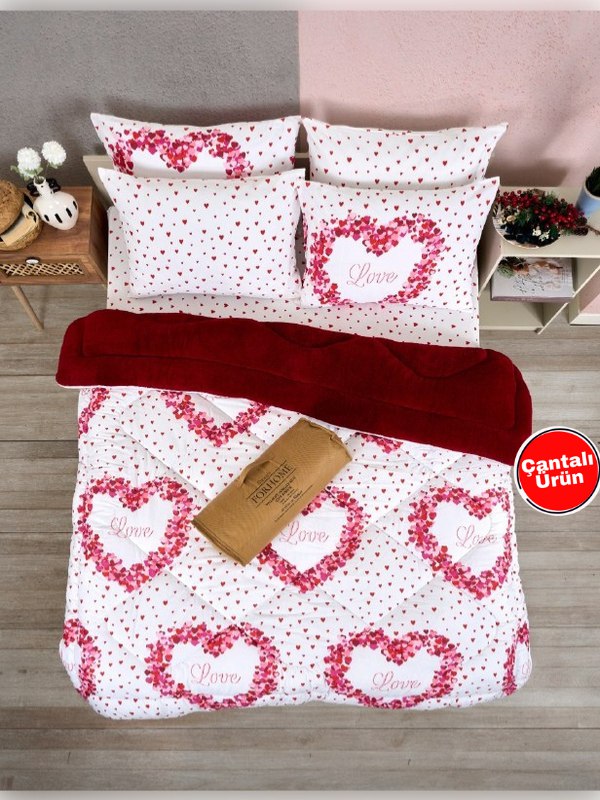 Çift Kişilik Uyku Seti Welsoft Uyku Seti  Çift Taraflı  Lüx Welsoft Yorgan ve  Battal Lastikli Çarşaflı - LOVE BORDO
