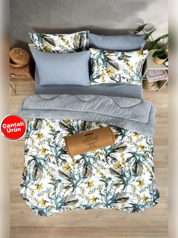 Çift Kişilik Uyku Seti Welsoft Uyku Seti  Çift Taraflı  Lüx Welsoft Yorgan ve  Battal Lastikli Çarşaflı - ASYA GRİ