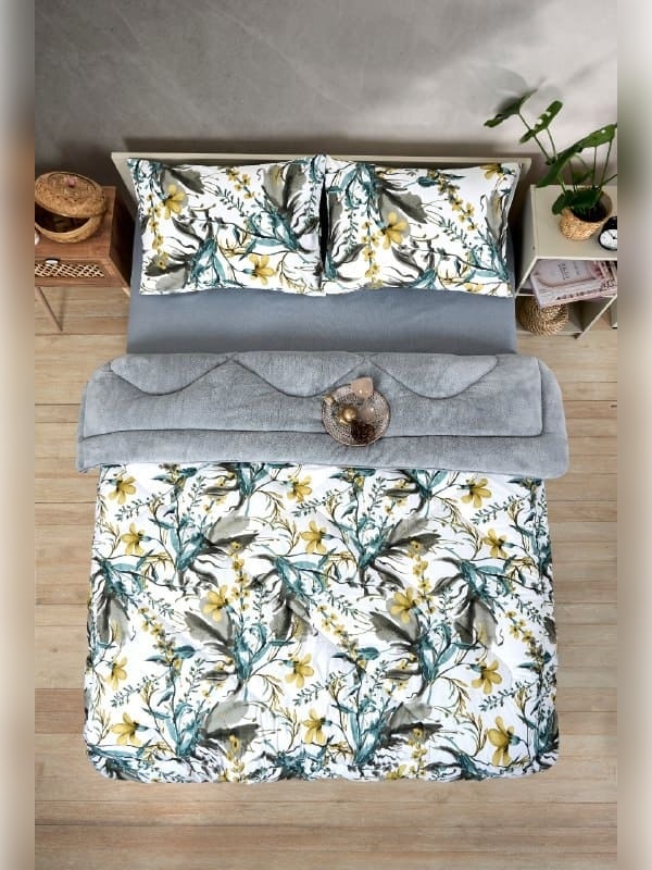 Battal Boy Çift Taraflı Lüx Welsoft Yorgan Elit Pofuduk Yumuşak Polar Yorgan ve Yastık Kılıfı - ASYA GRİ