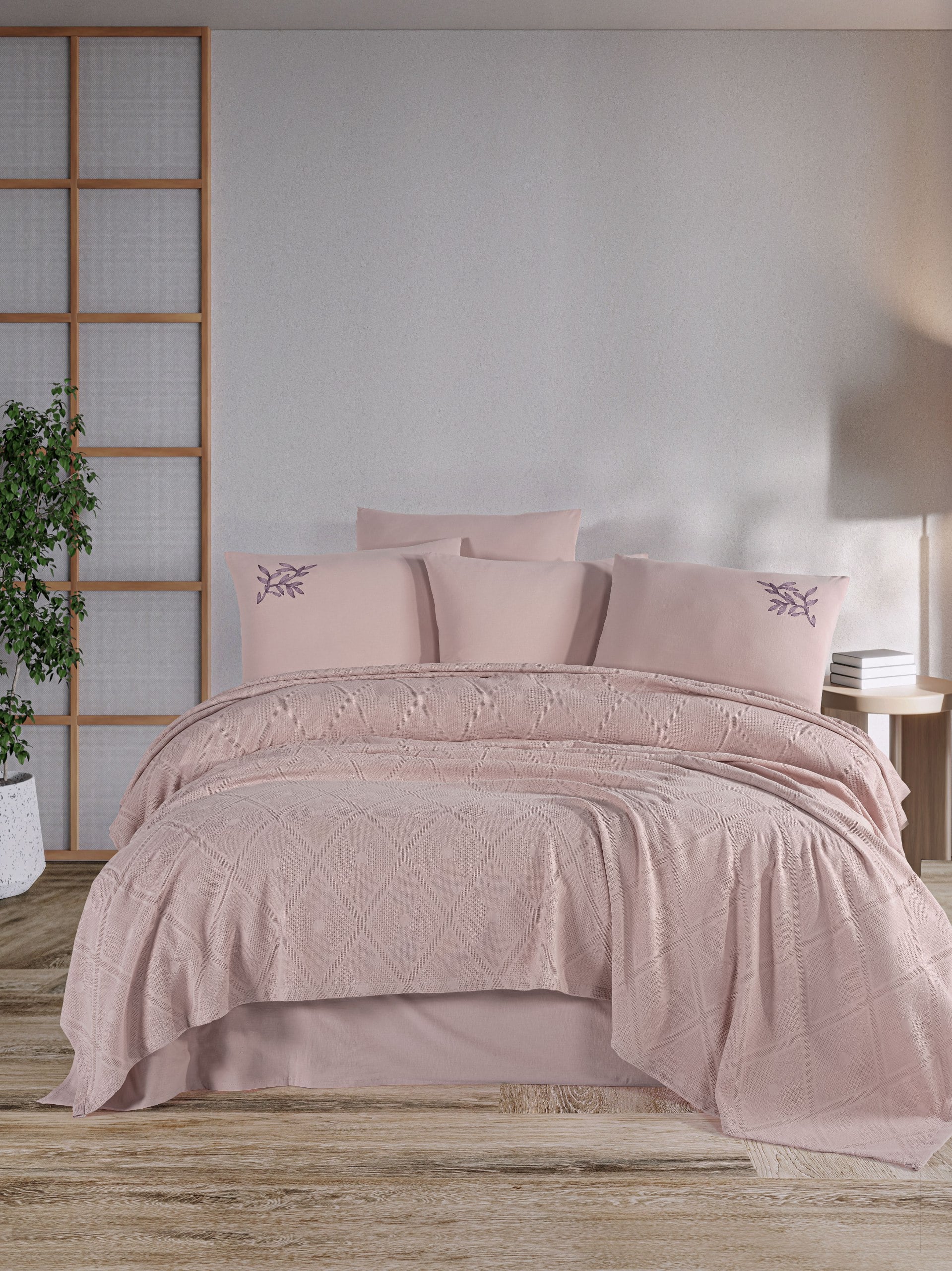 Çift Kişilik Nakışlı Çeyizlik Pike Seti Premium Battal Boy Pike Takımı - Pudra