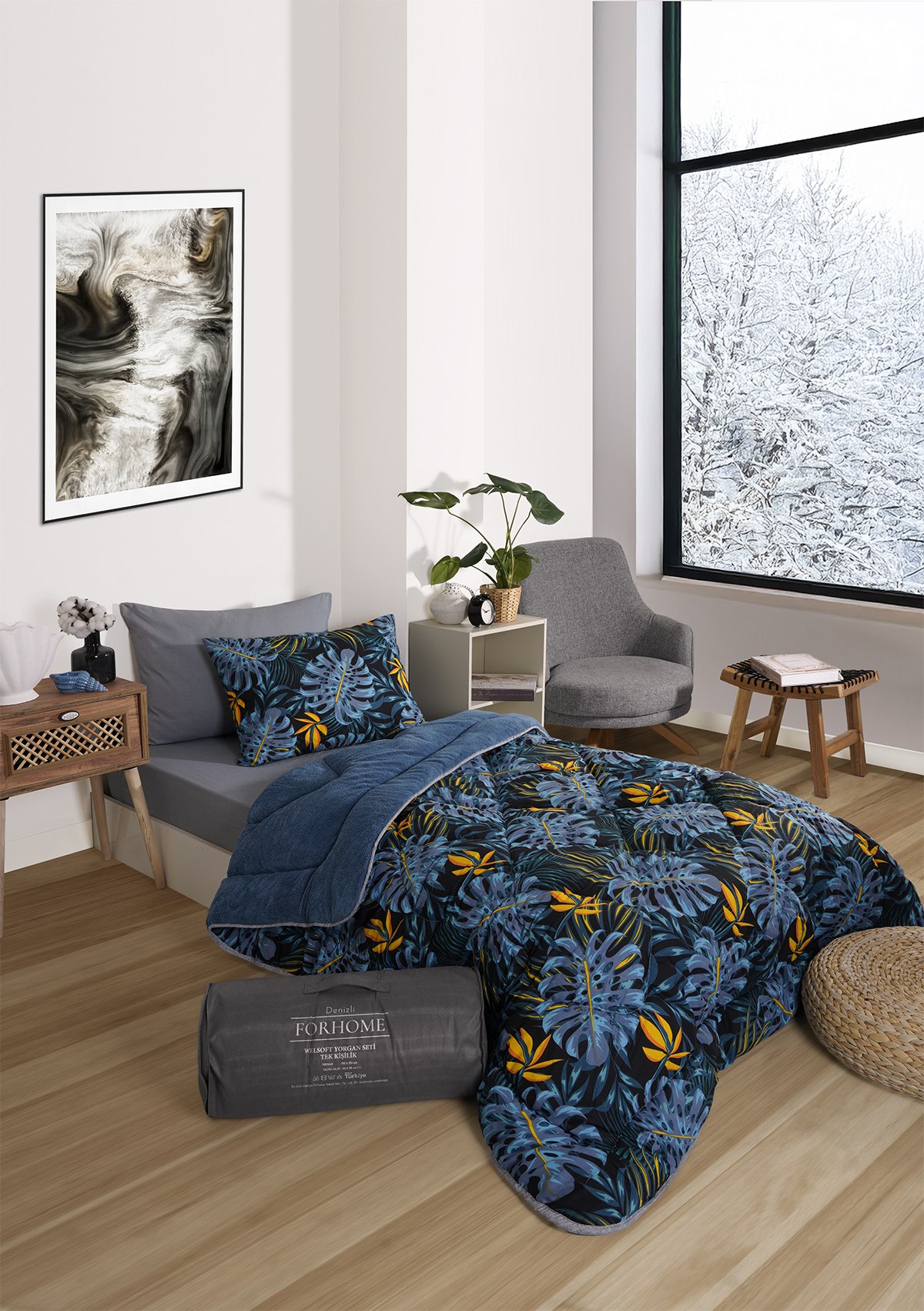 Tek Kişilik Uyku Seti Çift Taraflı Wellsoft Pofuduk Polar Yorgan Yastık Kılıfı ve 100x200 Lastikli Çarşaf - MONESTERA İNDİGO