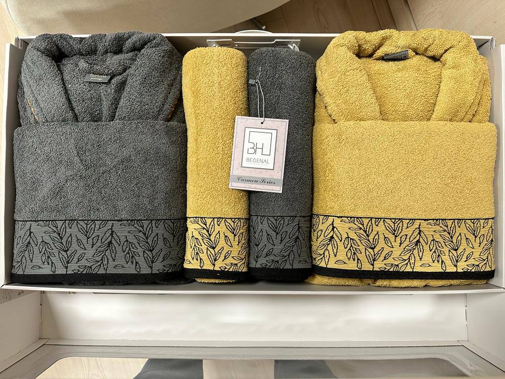 Pamuklu Jakarlı Carmen 6 Parca Aile Bornoz Setleri - ANTRASİT// SARI