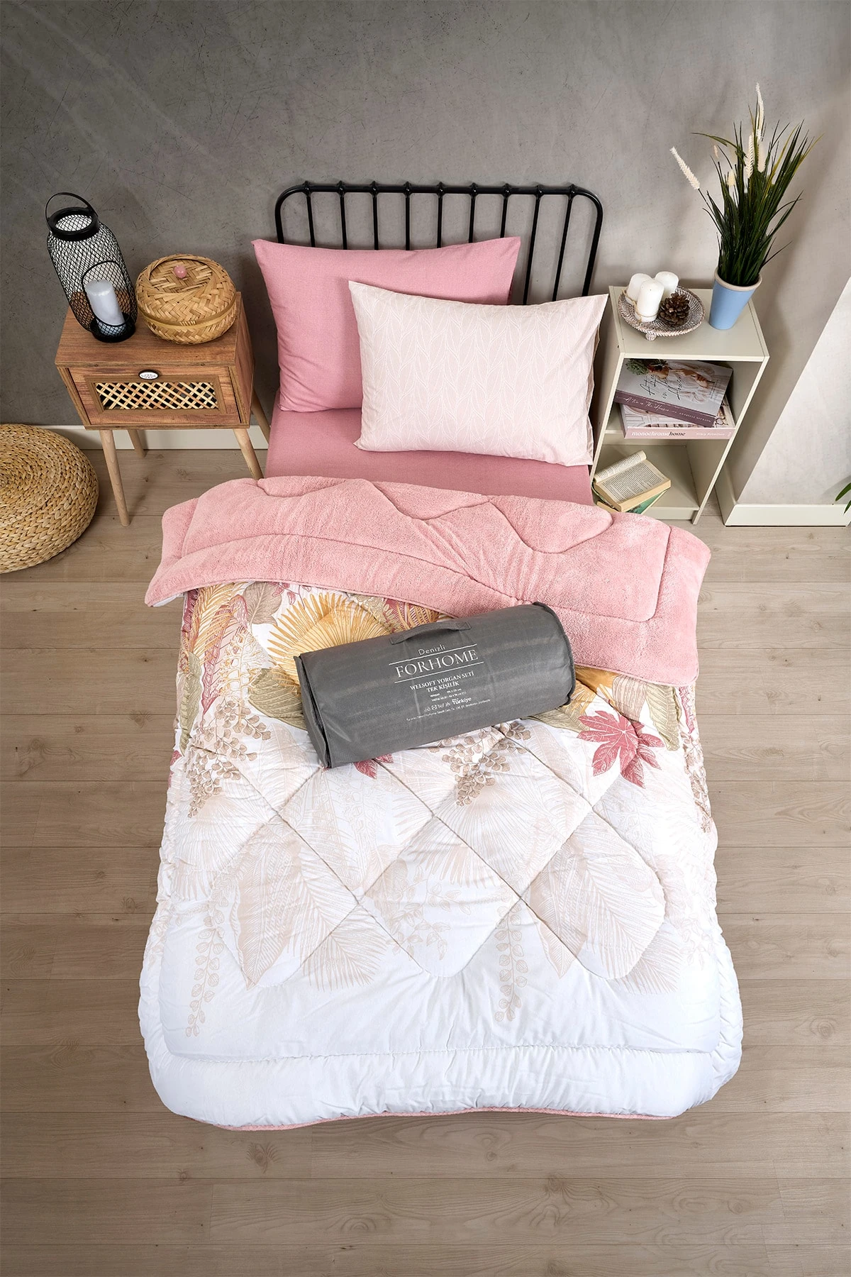 Tek Kişilik Uyku Seti Çift Taraflı Wellsoft Pofuduk Polar Yorgan Yastık Kılıfı ve 100x200 Lastikli Çarşaf - ALENA PUDRA