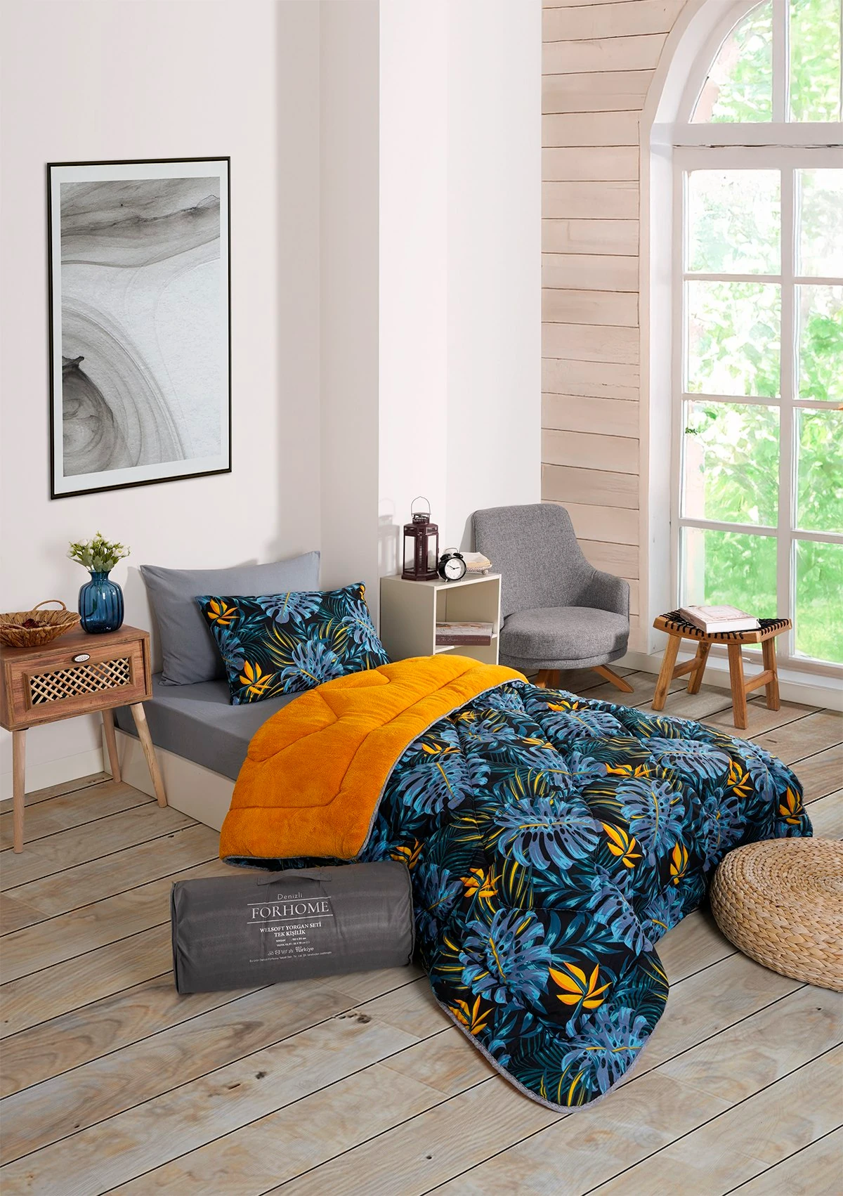 Tek Kişilik Uyku Seti Çift Taraflı Wellsoft Pofuduk Polar Yorgan Yastık Kılıfı ve 100x200 Lastikli Çarşaf - MONESTERA HARDAL