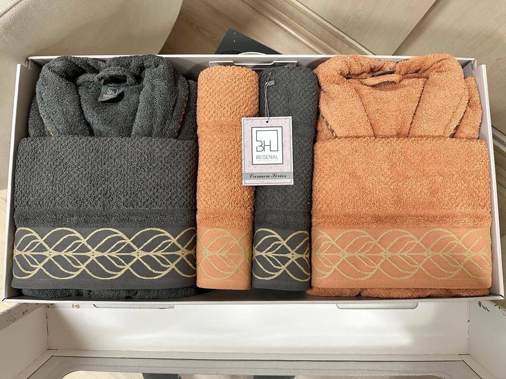 Pamuklu Jakarlı Carmen 6 Parca Aile Bornoz Setleri - KİREMİT ANTRASİT