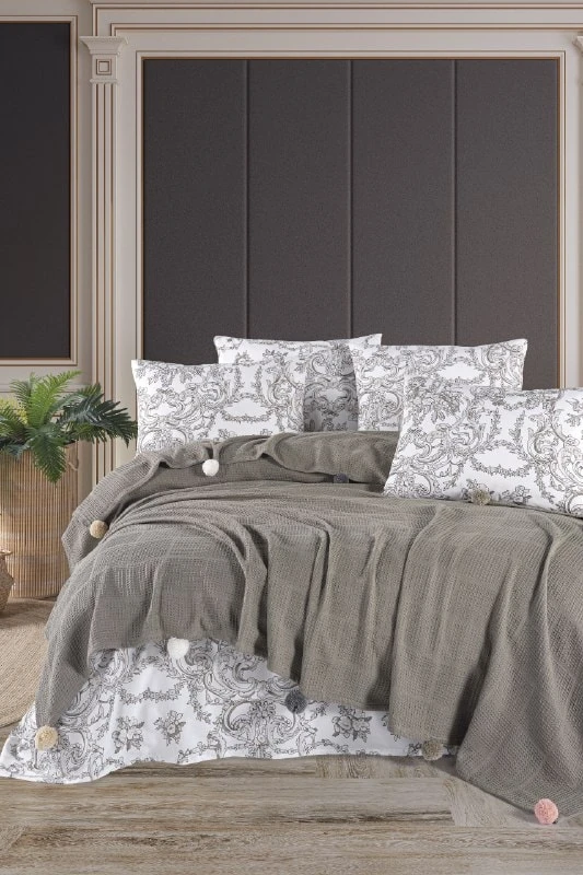 Soho Serisi Çift Kişilik Ponponlu Çeyizlik Pike Takımı - Vizon