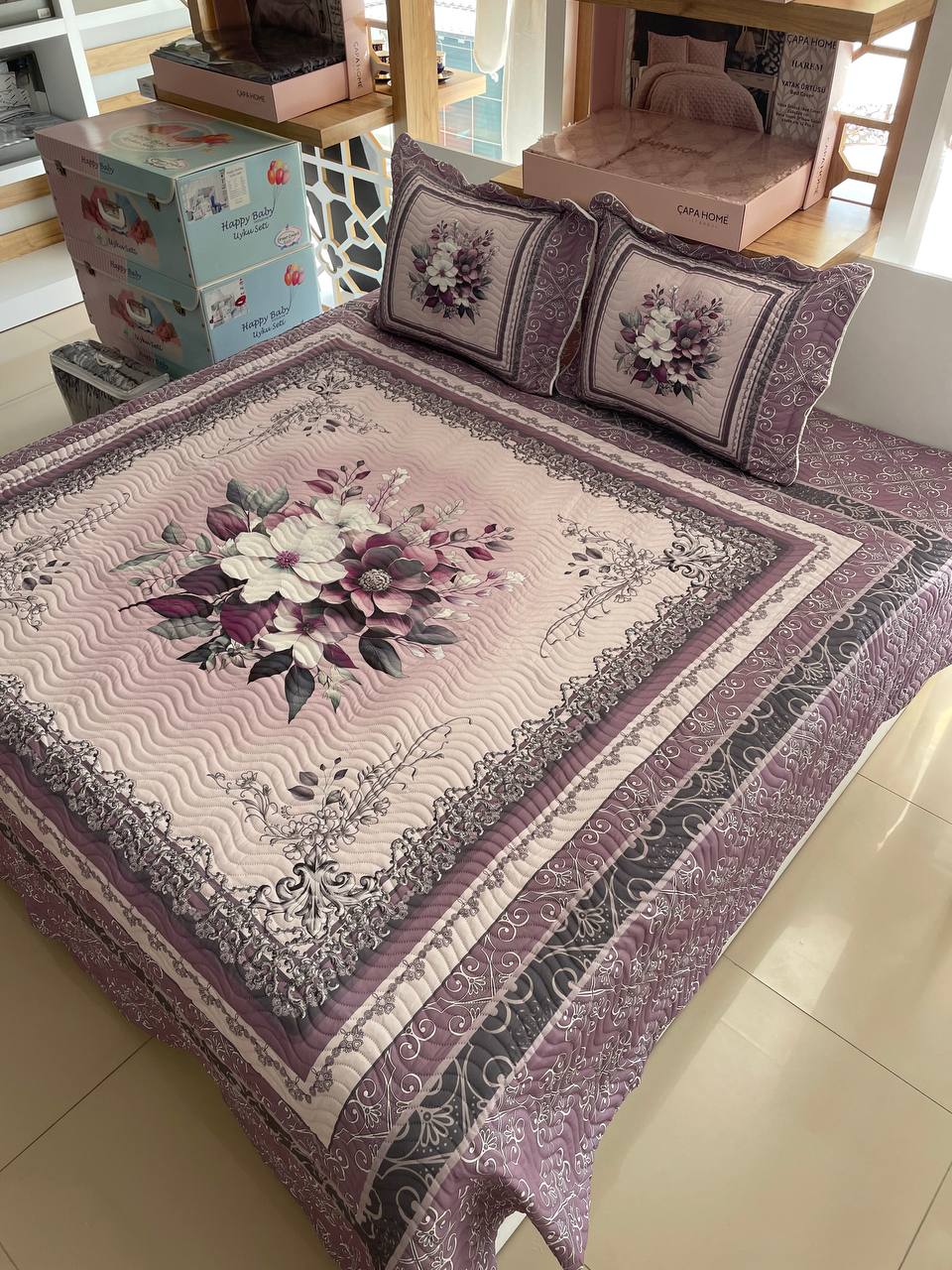 Çift Kişilik Battal Boy Yatak Örtüsü Takımı Beste Lila