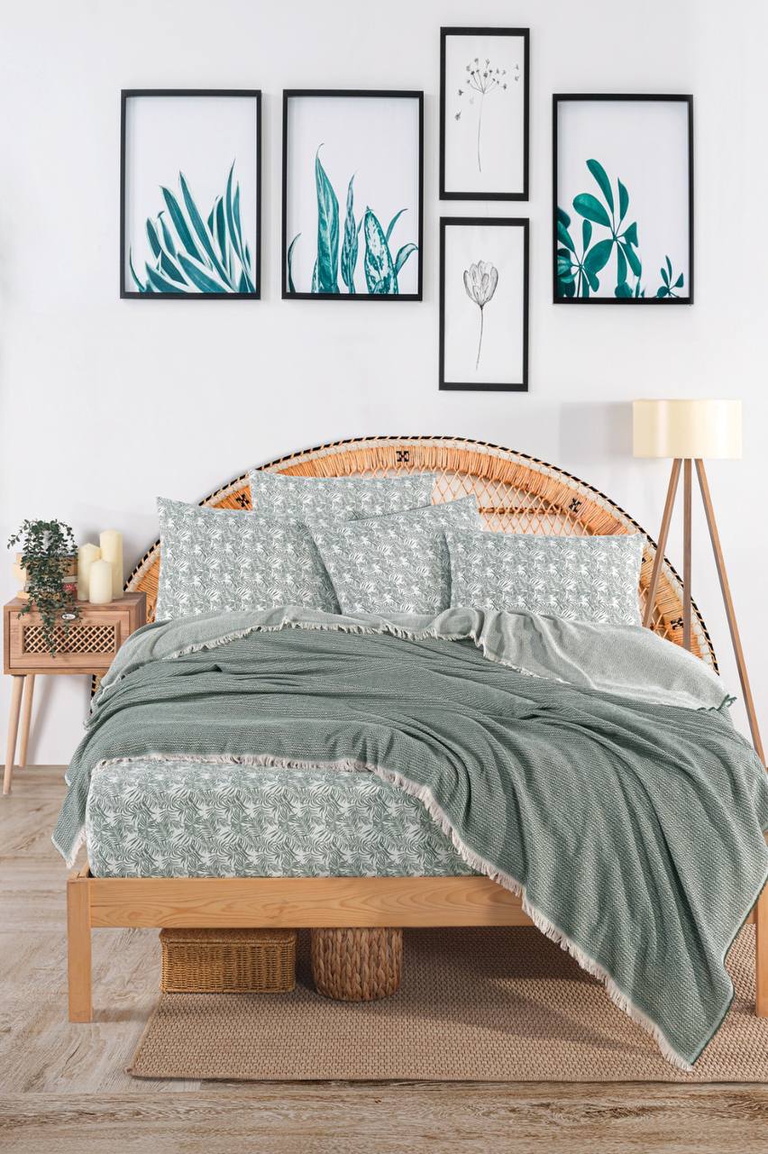 Oslo Pamuklu Çift Kişilik Lastikli Çarşaflı Pike Takımı - OSLO YEŞİL