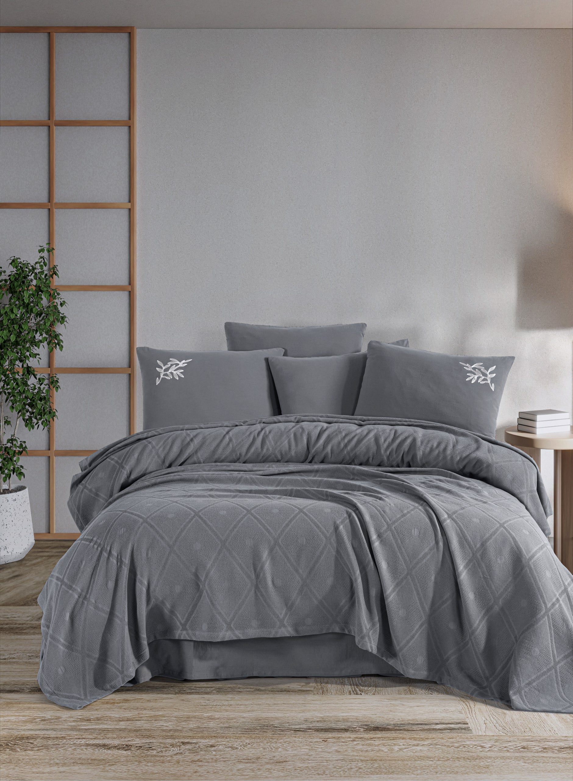 Çift Kişilik Nakışlı Çeyizlik Pike Seti Premium Battal Boy Pike Takımı - Gri