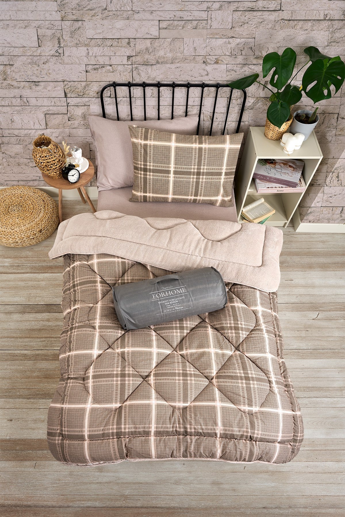 Tek Kişilik Uyku Seti Çift Taraflı Wellsoft Pofuduk Polar Yorgan Yastık Kılıfı ve 100x200 Lastikli Çarşaf - SAFİR BEJ