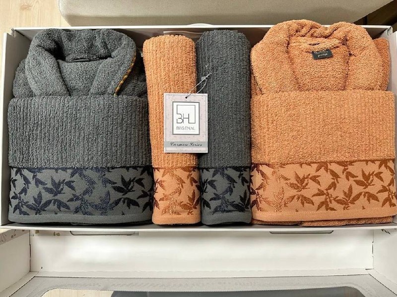 Pamuklu Jakarlı Carmen 6 Parca Aile Bornoz Setleri - KİREMİT/ ANTRASİT