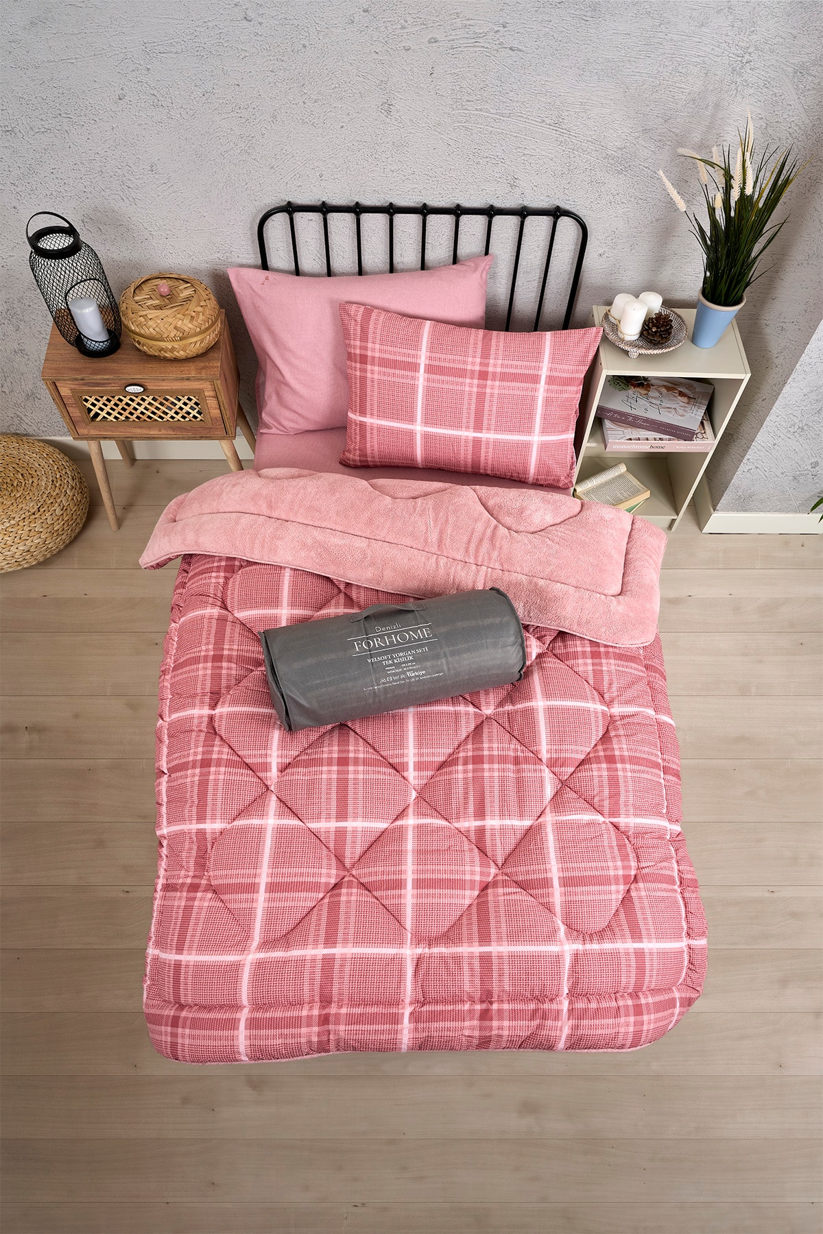 Tek Kişilik Uyku Seti Çift Taraflı Wellsoft Pofuduk Polar Yorgan Yastık Kılıfı ve 100x200 Lastikli Çarşaf - SAFİR PUDRA