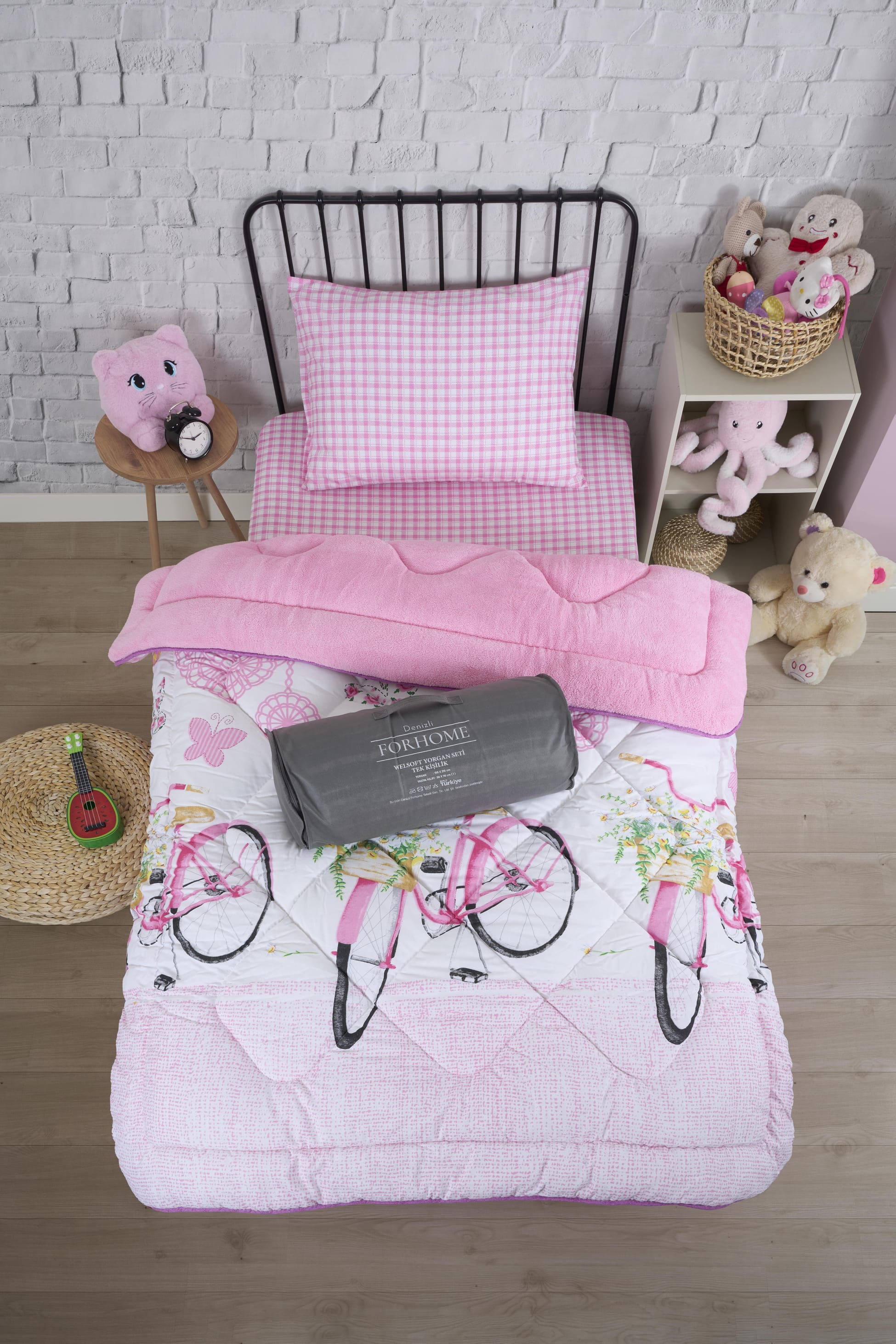 Tek Kişilik Yorgan Çift Taraflı Lüx Welsoft  Elit Yorgan Pofuduk Yumuşak Yorgan ve Yastık Kılıfı - BİSİKLET PEMBE