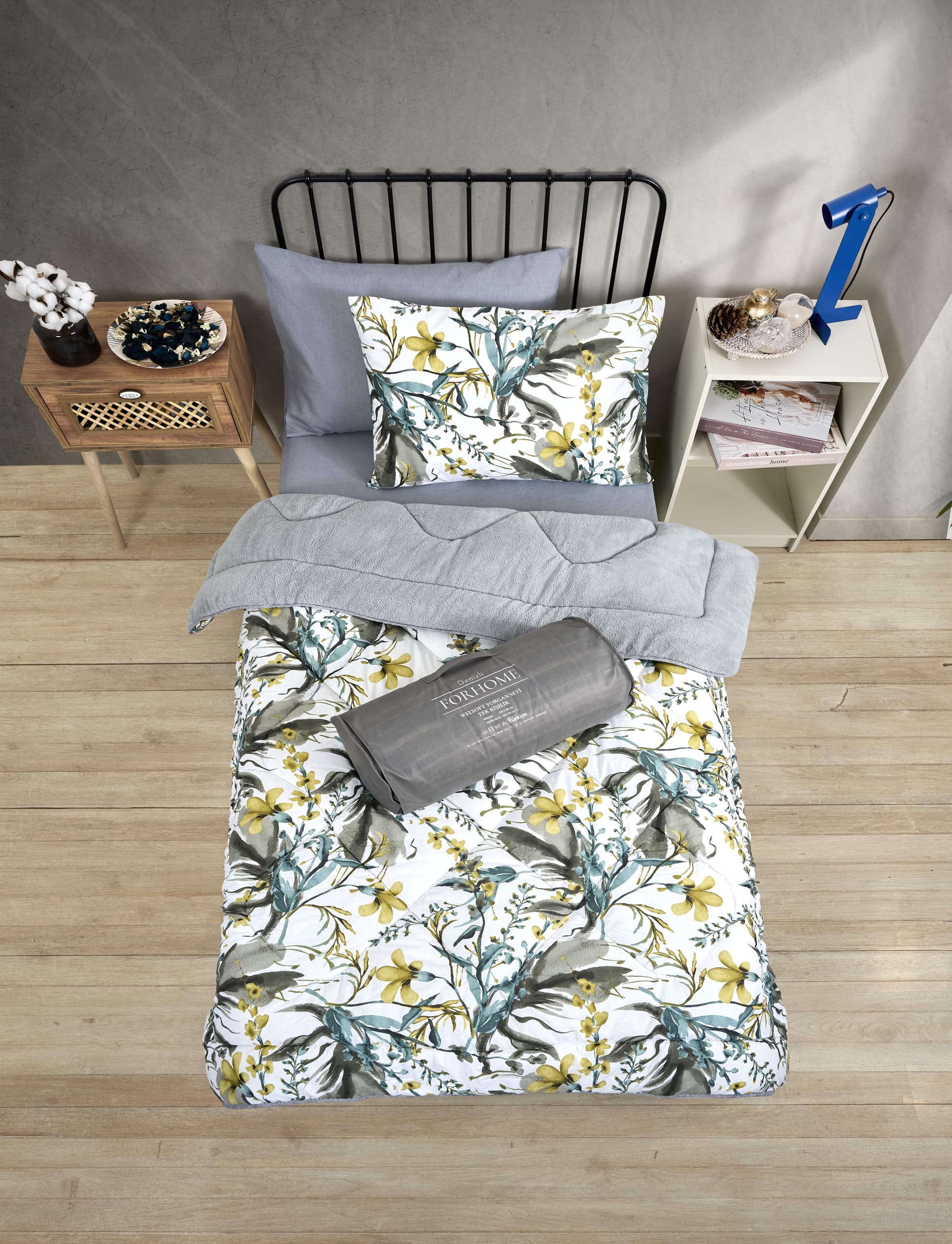 Tek Kişilik Uyku Seti Çift Taraflı Wellsoft Pofuduk Polar Yorgan Yastık Kılıfı ve 100x200 Lastikli Çarşaf - ASYA GRİ