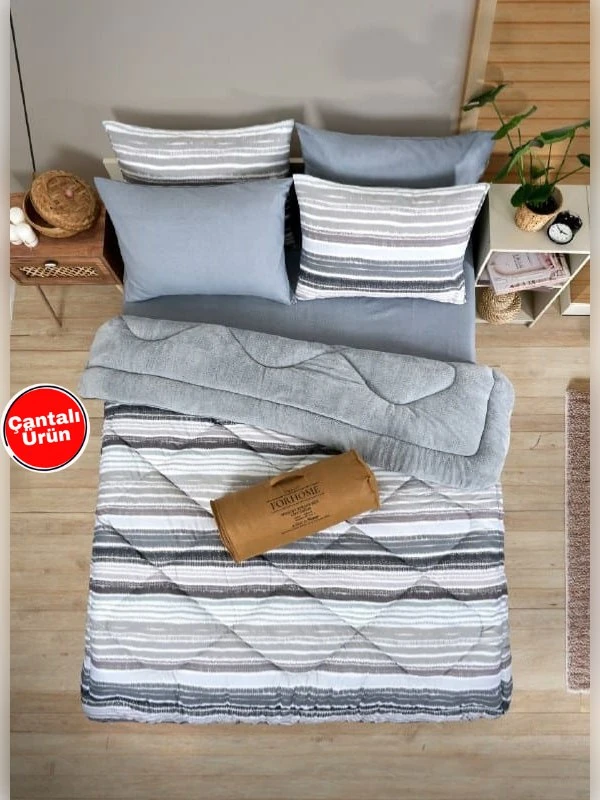 Çift Kişilik Uyku Seti Welsoft Uyku Seti  Çift Taraflı  Lüx Welsoft Yorgan ve  Battal Lastikli Çarşaflı - TASEL GRİ
