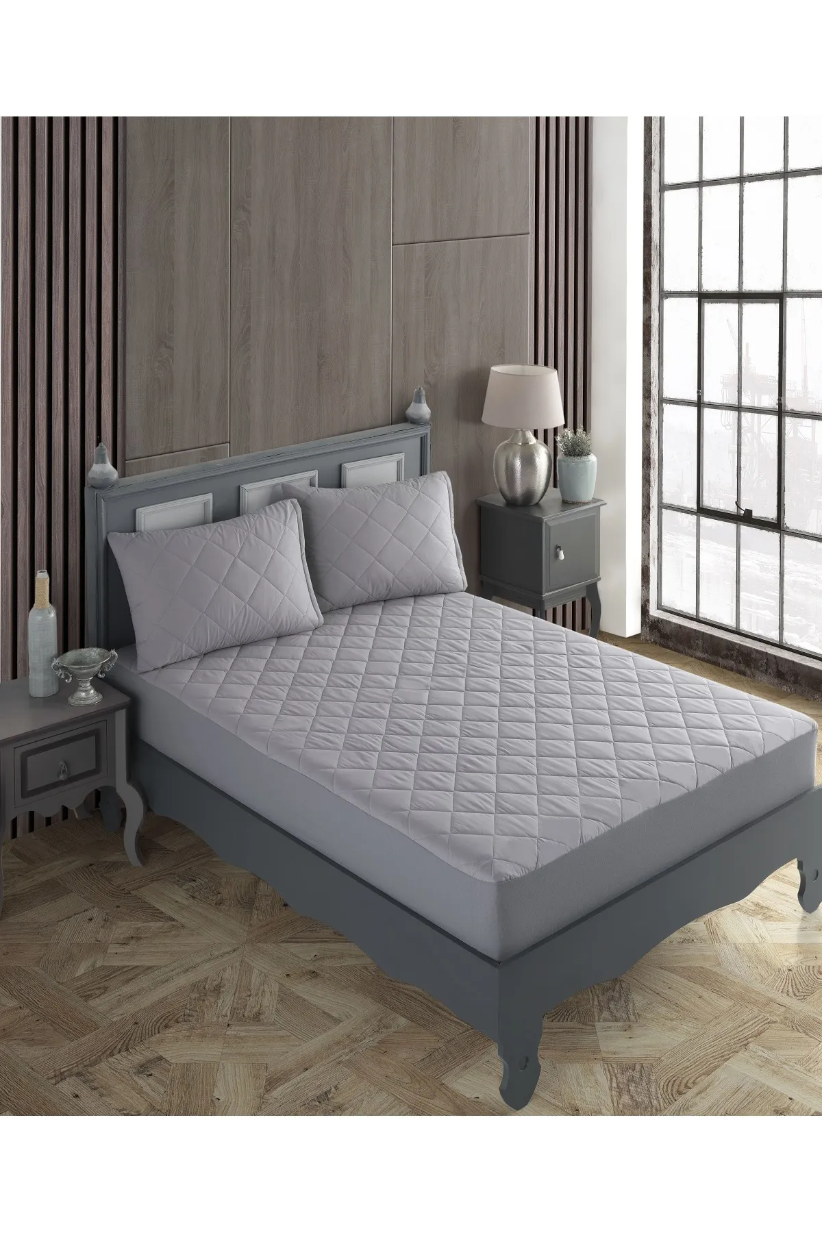 Sıvı Geçirmez Kapitoneli Lastikli Gri Yatak Alezi Ve Yastık Alezi  Takımı