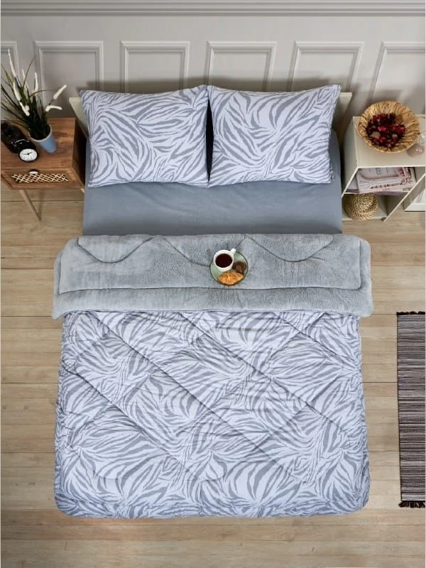 Battal Boy Çift Taraflı Lüx Welsoft Yorgan Elit Pofuduk Yumuşak Polar Yorgan ve Yastık Kılıfı - ZEBRA GRİ