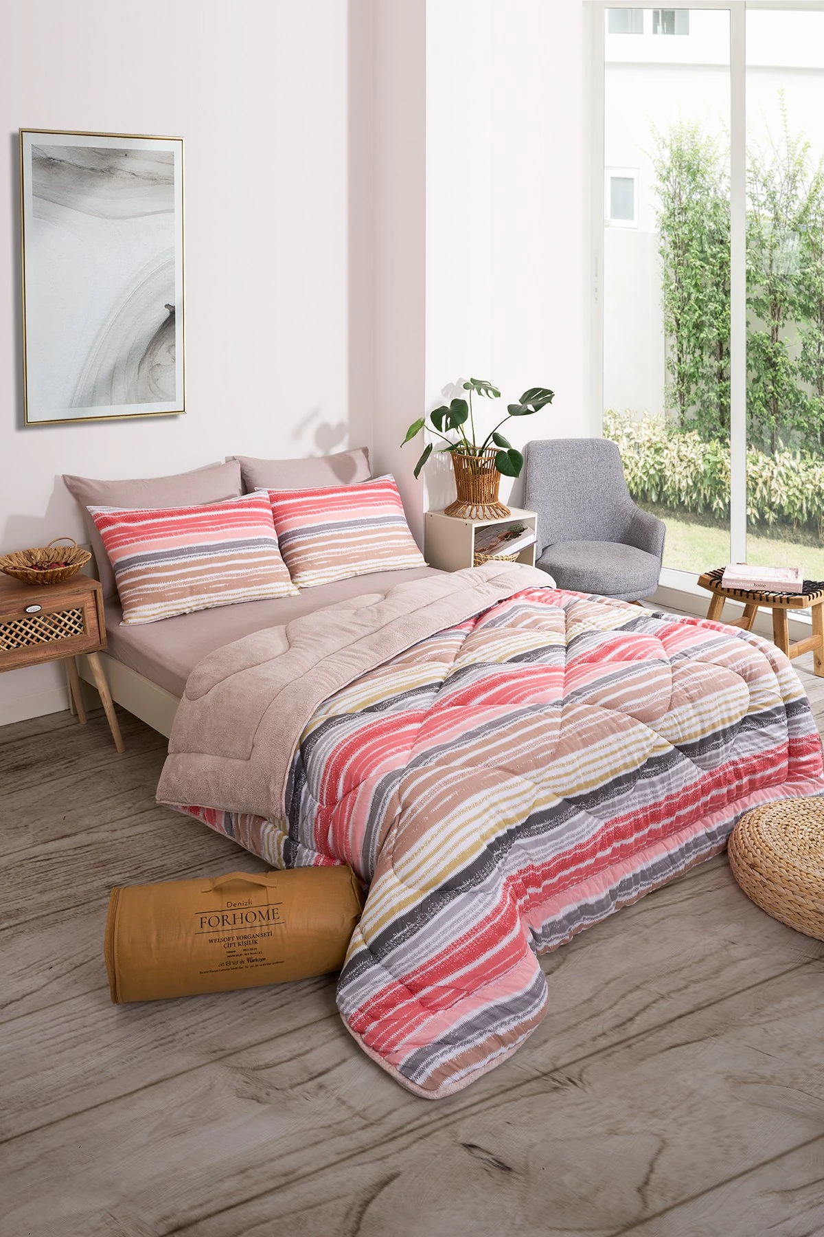 Çift Kişilik Uyku Seti Welsoft Uyku Seti  Çift Taraflı  Lüx Welsoft Yorgan ve  Battal Lastikli Çarşaflı - TASEL BEJ