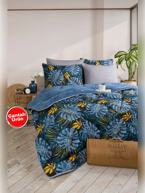 Çift Kişilik Uyku Seti Welsoft Uyku Seti  Çift Taraflı  Lüx Welsoft Yorgan ve  Battal Lastikli Çarşaflı - MONESTERA İNDİGO