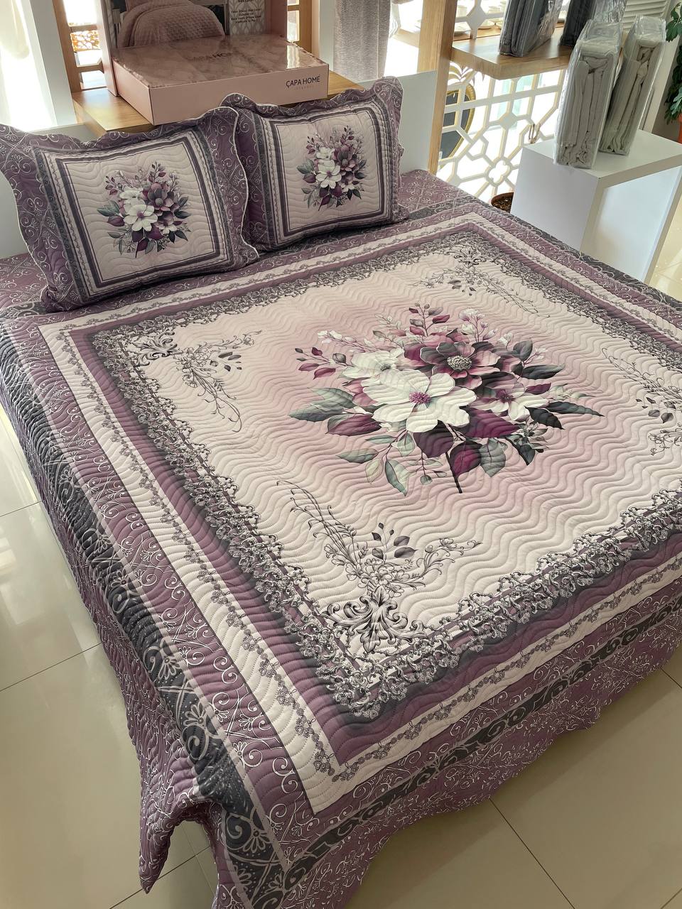 Çift Kişilik Battal Boy Yatak Örtüsü Takımı Beste Lila