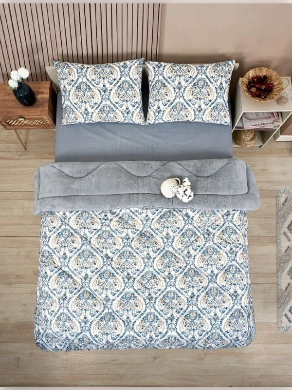 Battal Boy Çift Taraflı Lüx Welsoft Yorgan Elit Pofuduk Yumuşak Polar Yorgan ve Yastık Kılıfı - AKSU GRİ