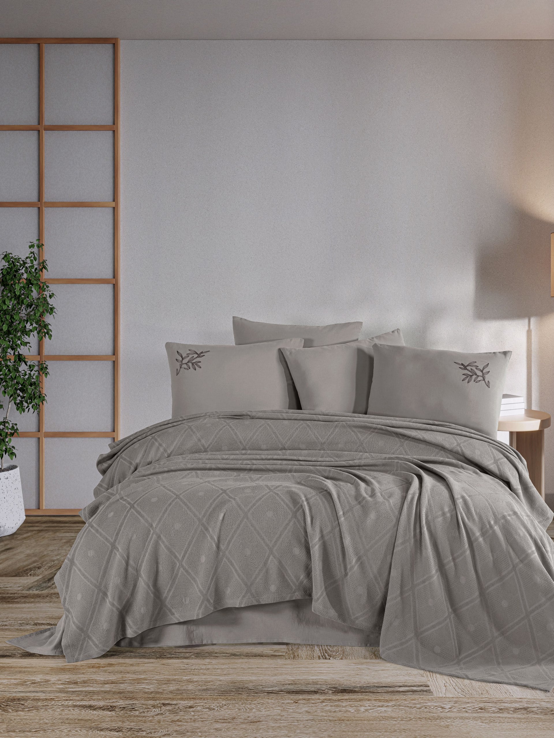 Çift Kişilik Nakışlı Çeyizlik Pike Seti Premium Battal Boy Pike Takımı - Vizon