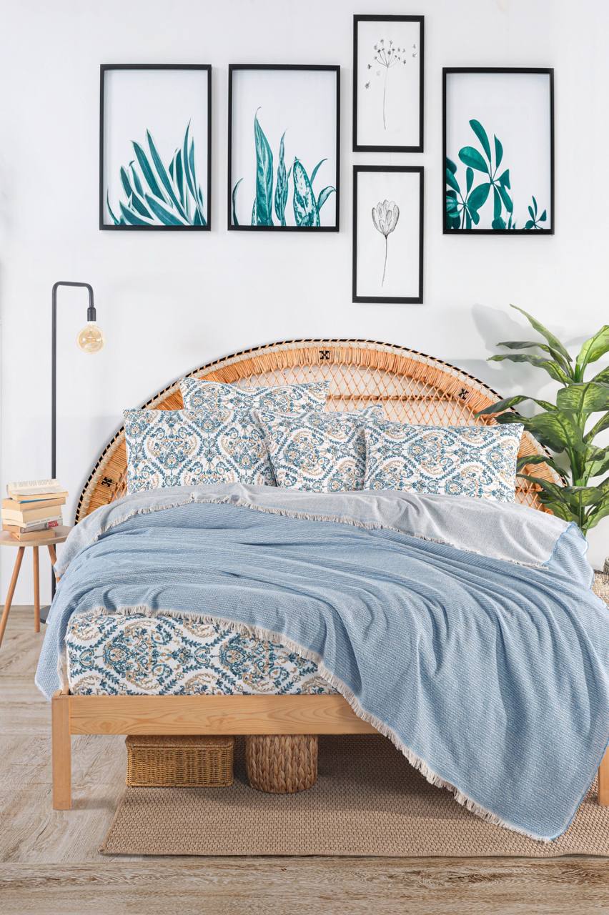 Oslo Pamuklu Çift Kişilik Lastikli Çarşaflı Pike Takımı - OSLO MAVİ