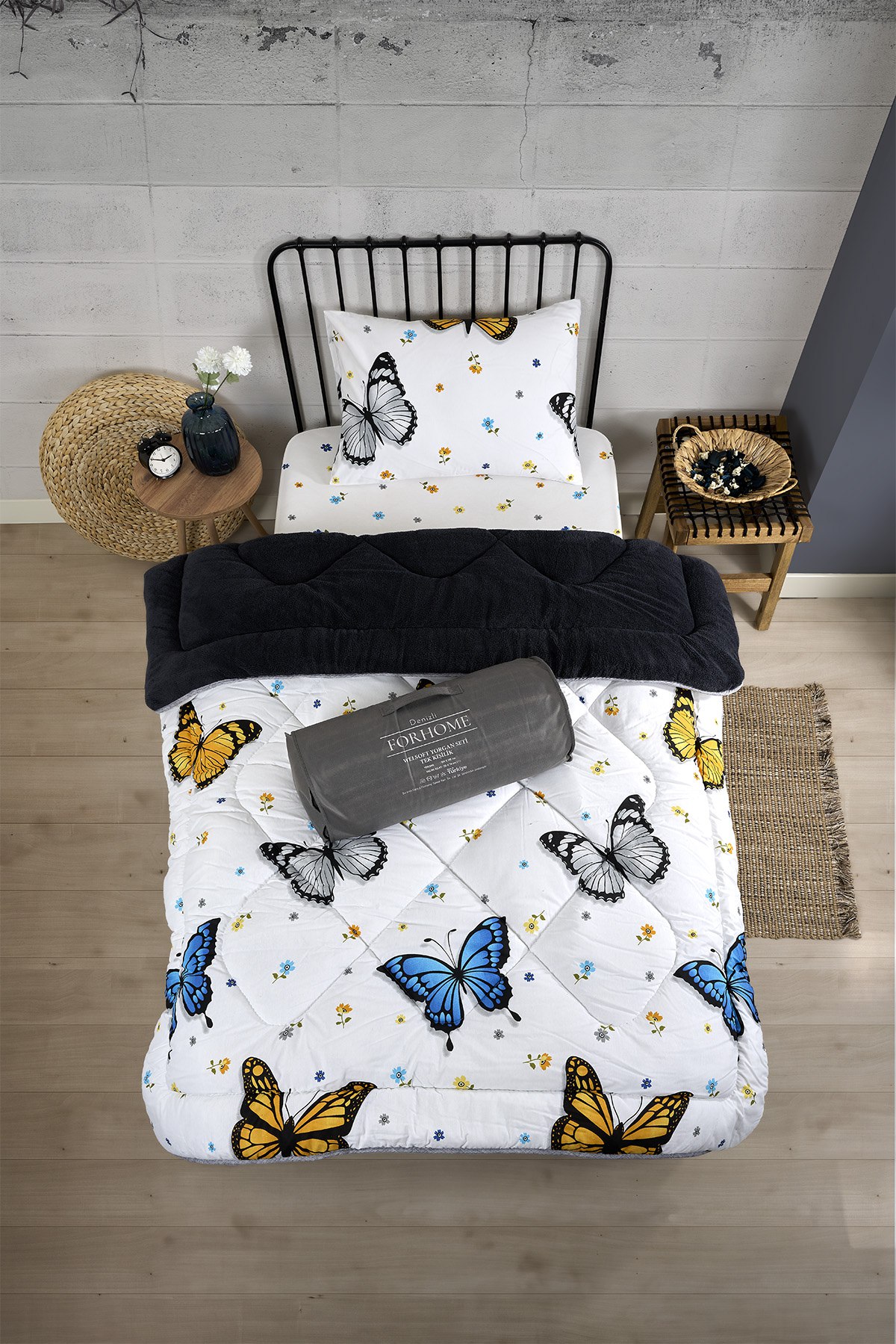 Tek Kişilik Yorgan Çift Taraflı Lüx Welsoft  Elit Yorgan Pofuduk Yumuşak Yorgan ve Yastık Kılıfı - KELEBEK FÜME