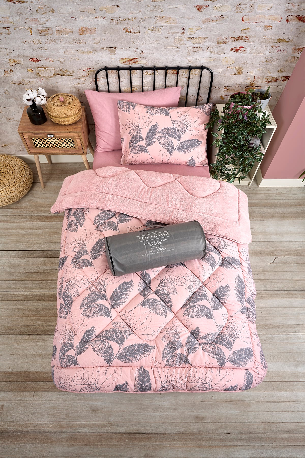 Tek Kişilik Uyku Seti Çift Taraflı Wellsoft Pofuduk Polar Yorgan Yastık Kılıfı ve 100x200 Lastikli Çarşaf - ARINA PUDRA