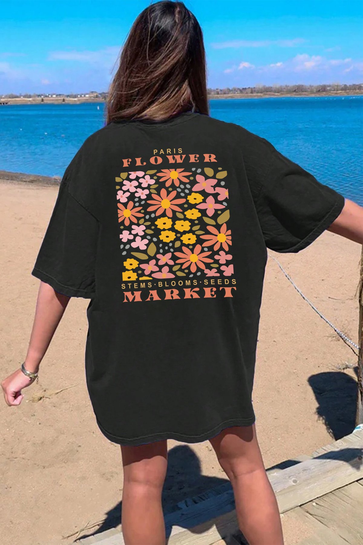 Paris Flower Baskılı Unisex Oversize Tshirt