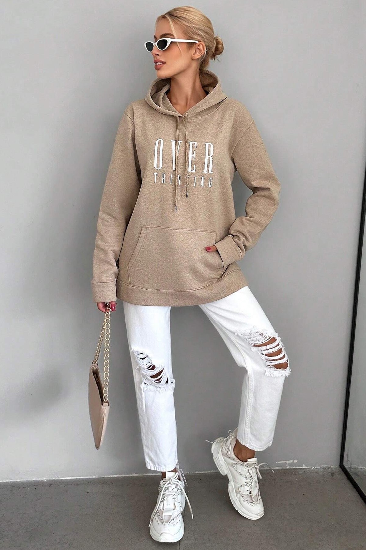 Kapüşonlu Baskılı Pamuklu Oversize Sweatshirt