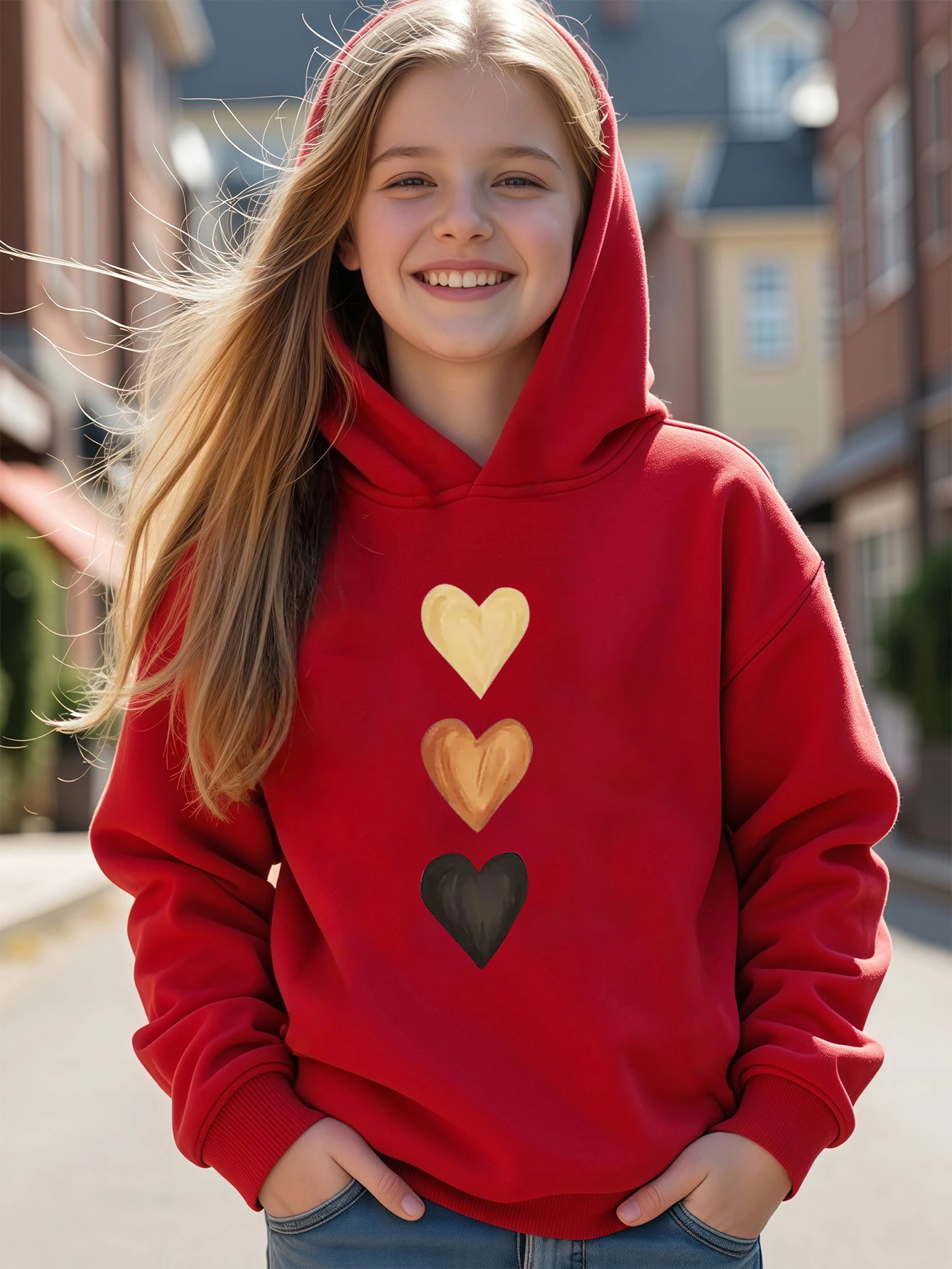 Sıralı Kalpler Baskılı Oversize Çocuk Sweatshirt